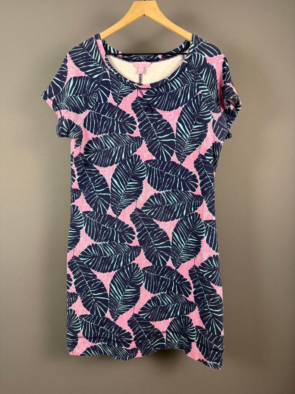 Lilly Pulitzer Tammy French Terry Dress Size L Navy Teal Pink Fern Leaf